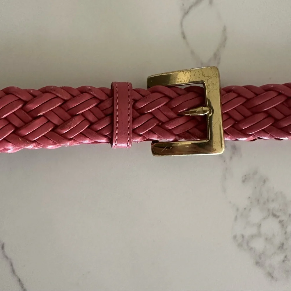 Vintage Talbots Braided Leather Belt Solid Brass Square Buckle Gloss Pink M